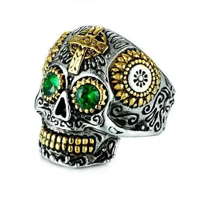 SUGAR SKULL RING Mexican Day Of Dead Skeleton Head Green Eyes Stainless Steel • $12.95