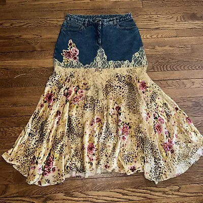 Vintage 90s Y2K Jeanology Cheetah Floral Velvet Denim Lace Maxi Skirt Sz14P • $16