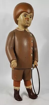 Wooden Boy Store Display Wood Child Sculpture VTG WW11  DOLL Hoop Stick Toy Game • $330