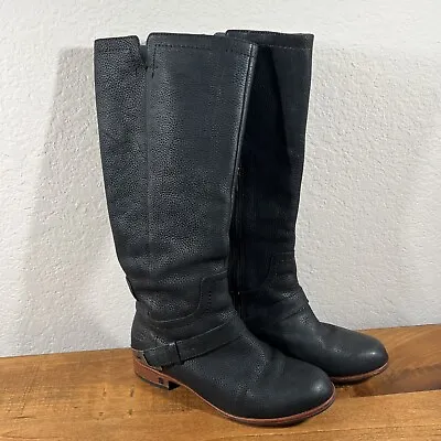 Ugg Channing Riding Boot Leather Black Equestrian Tall Silver Heel Strap Size 6 • $99.99