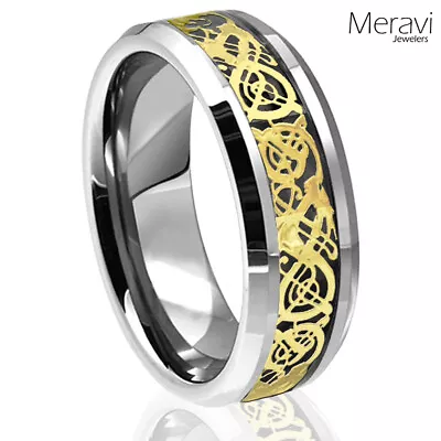 Gold Celtic Dragon Silver Tungsten Carbide Ring Black Carbon Mens Wedding Band • $13.56