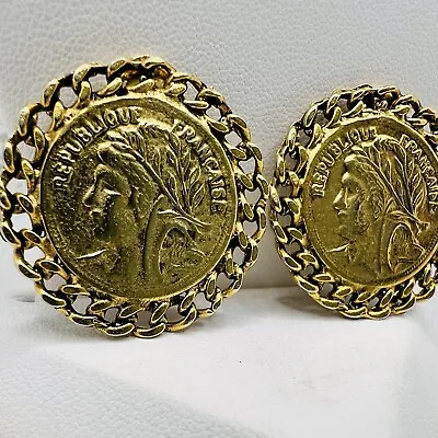 Vintage French Coin Clip On Earrings Gold Tone Republique Francaise Costume • $24.99