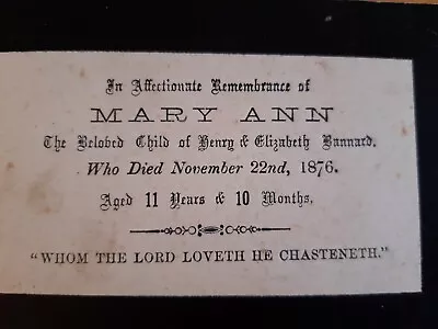 In Memoriam Card 1876 Girl Aged 11 - MARY ANN BANNARD Mourning Death Victorian • £7.50