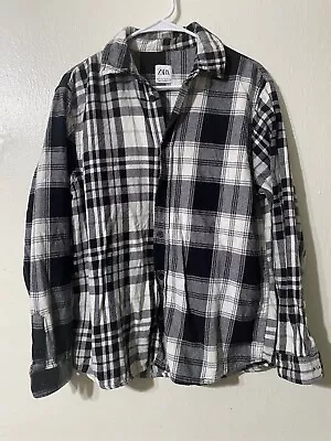 Zara Plaid Shacket Plaid Mens Small Black White Cotton Button Up Long Sleeve • $24