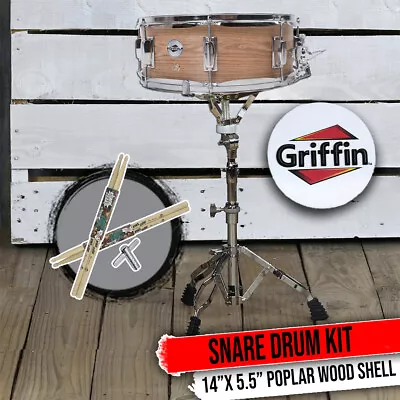 GRIFFIN Snare Drum - 14  X 5.5 Oak Wood Poplar Shell Percussion Head Key Kit Set • $68