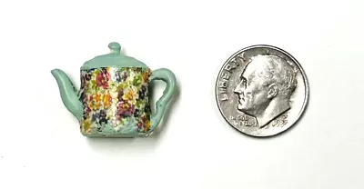Dollhouse Miniature Accessories Plastic Teapot Floral Teal 3/4” H Scale 1:12 • $4.95