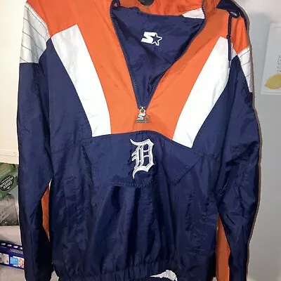 STARTER Mens Detroit Tigers Slip Over Jacket Large Front Pouch/Hood • $119.99