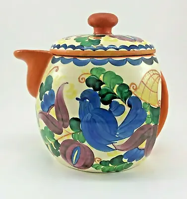 Vintage J MRAZEK Teapot Czechoslovakia Ceramic PEASANT ART Pottery Bluebird 1920 • $68