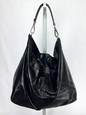 Gianni Chiarini Large Black Distressed Soft Leather Moto Shoulder Bag Tote Purse • $188