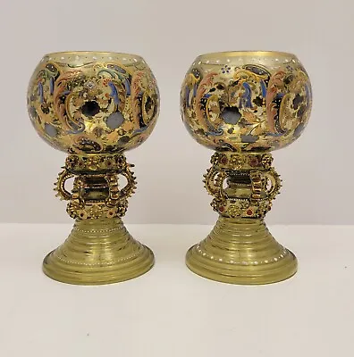 Pair Of Antique Moser Art Glass Bohemian Fancy Enameled Large Goblets Jeweled • $995