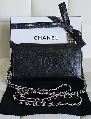 CHANEL Black Caviar CC Zip Around Wallet W/ Box & Cert. Of Authenticity • $175.50