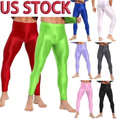 US Men Glossy Pantyhose Long Pants Smooth Yoga Compression Workout Sports Tights • $10.23