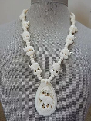 Vintage Hand Carved Bovine Bone Elephant Necklace • $12.50