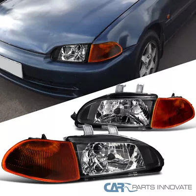 Fits 92-95 Honda Civic 4Dr Sedan Matte Black Headlights+Dark Amber Corner Lamps • $80.66