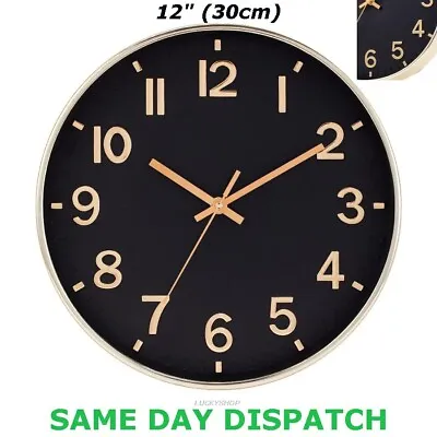 Quartz 12 Inch Metal Round Wall Clock Silent Office Home Bedroom Rose Gold/Black • £12.99