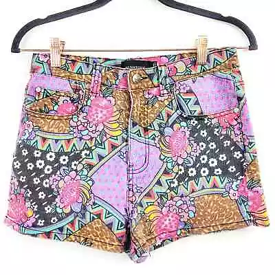 MinkPink Denim Multicolor Shorts Patchwork Floral Cheeky Zip  Button Size Medium • $25