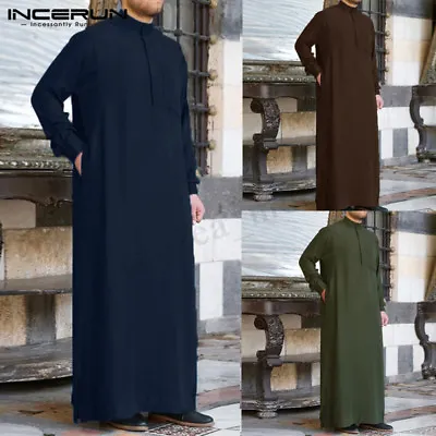 Muslim Mens Clothing Saudi Arab Long Sleeve Thobe Islamic Jubba Thobe Man Kaftan • £15.49