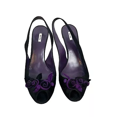 Vtg Miu Miu Heels Black Suede Slingback Purple Flowers Fairy EU 37.5/6.5 • $98