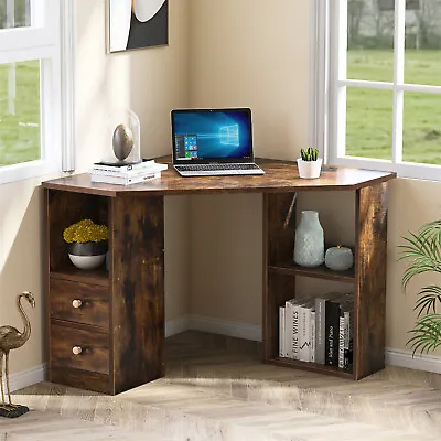 Corner Computer Desk With Drawers & Storage Shelves Home Office Study Table BS • £79.99