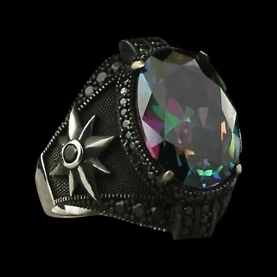 Solid 925 Sterling Silver Turkish Jewelry Mystic Topaz Men's Ring All Size • $52