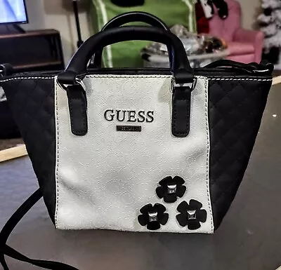 $32 • Buy Guess Society Mini Satchel White/Black Embossed Logo Quilted Flower Stud Detail
