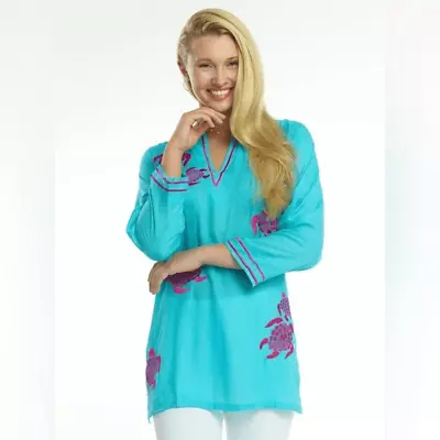 Barbara Gerwit Embroidered Sea Turtles Jacquard Silky Tunic Top Coastal Small • $21.60