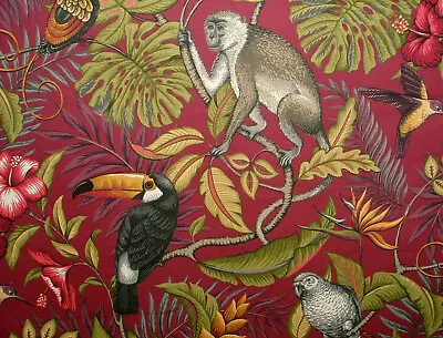 Cranberry Tropical Birds Monkey Cotton Fabric Curtain Upholstery Blind Cushion • £2.99