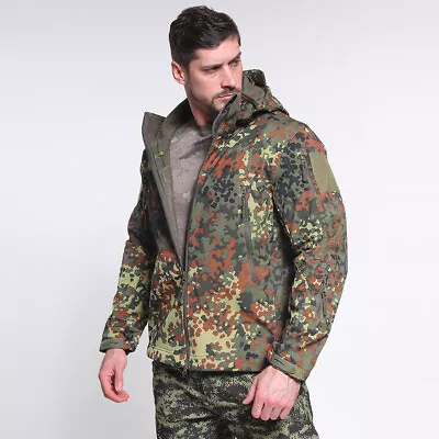 Army Camo Softshell Jacket Mens Waterproof Windproof Tactical Fleece Coat Casual • £40.79