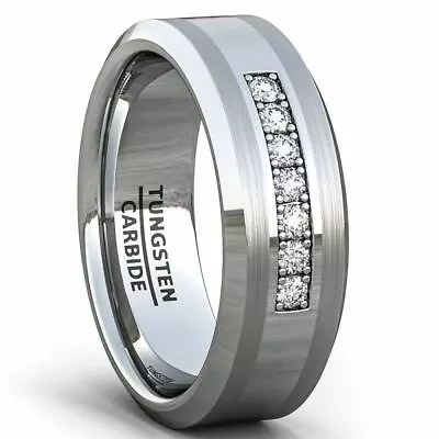 Tungsten Carbide Ring 8mm 7 Cubic Zircon Trillion Mens Wedding Comfort Fit • $135.89