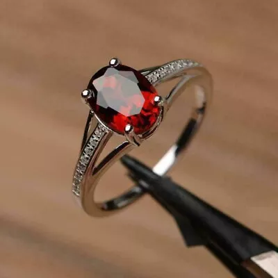 2Ct Oval Garnet Solitaire Designer Women's Engagement Ring 14K White Gold Finish • £71