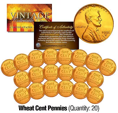 Lincoln Head 1950's/40's WHEAT Cent Pennies US Coins 24K GOLD PLATED (Lot Of 20) • $15.95