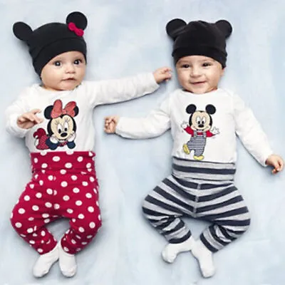 £4.93 • Buy Baby Boy Girl Minnie Mickey Mouse Bodysuit Romper Pants + Hat Casual Outfit UK