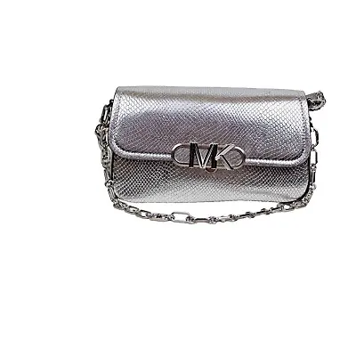 Michael Kors Parker Snake Embossed Leather Shoulder Bag Purse Silver NEW $558 • $90