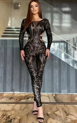 Nazz Toxic Black Luxe Plunge Illusion Sequin Mesh Embellished Jumpsuit UK 10 • £64.99