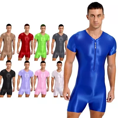 Mens One-Piece Glossy Bodysuit Jumpsuit Short Sleeve Zipper Leotard Swimsuit • $11.99