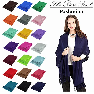 Womens 2PLY 78X28 Solid Silk Pashmina Shawl Wrap Stole Cashmere Wool Feel Scarf • $8.99