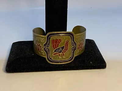 Vintage Pre-1950 Enamel Brass  Cuff Bracelet Peacock & Floral Motif • $17.99