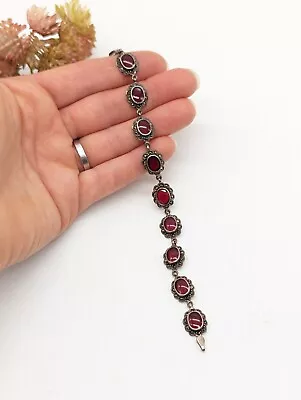 Vintage Sterling Silver Marcasite Link Flower Panel Bracelet Bezel Link Garnet • $49