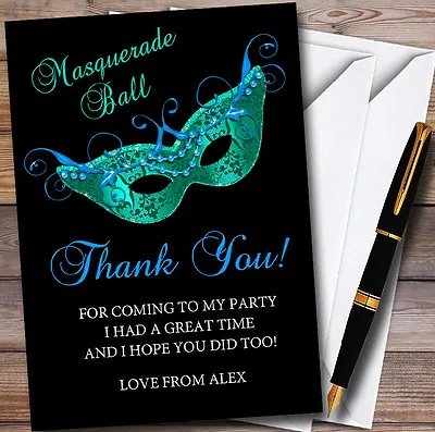 Black Blue Green Masquerade Ball Personalised Party Thank You Cards • £9.99