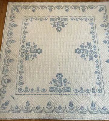 Vintage Quilt Hand Stitched Embroidery Cross Stitch Blue 98  X 95  Never Used • $154.99