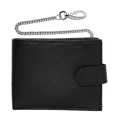 Black Real Leather Biker Mans Wallet Safety Metal Chain Rider Purse Wallet Men • £7.95