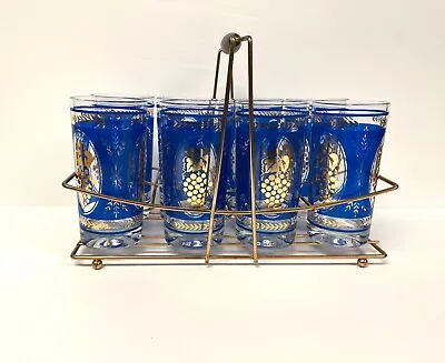 8 Vintage Mid Century Modern MCM Highball Glasses Blue Grape In Carrier Culver • $99.99