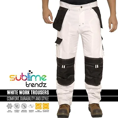 Mens Painters Decorators Trousers Cargo Combat White Work Pants Knee Pad Pockets • £23.99