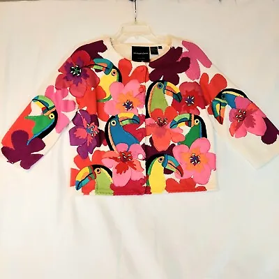 Vintage Michael Simon M Embroidered Bead Toucan Floral Knit Cardigan Sweater Red • $125