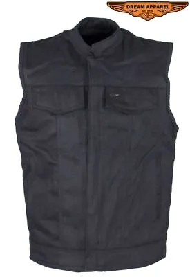 Men's Black Denim Vest Motorcycle Concealed Rounded Collar Waistcoat • $71.99