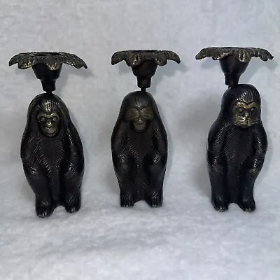 Vintage Solid Brass Monkey Candlestick Holders Hear No See No Speak No Evil Set • $49.99