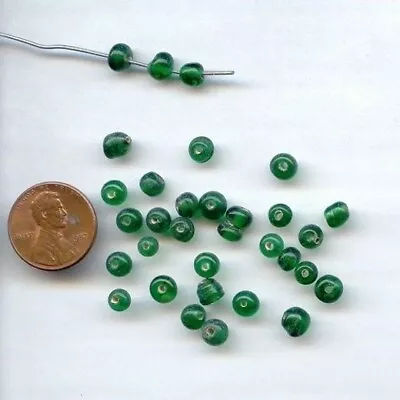 100 VINTAGE GLASS EMERALD 4mm. SMOOTH HAND MADE ROUND BEADS 7294 • $1.49