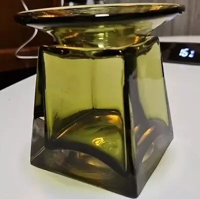Modern Green Art Glass Vase Mid Century Modern  Square Base Round Thick Heavy  • $19.50