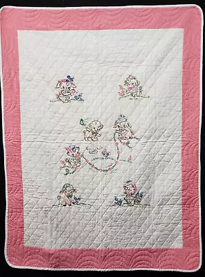 Vintage Antique  Quilt Cotton Fabric Baby Crib 42x56  Hand Quilted Embroidered • $27