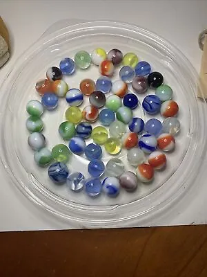 Vtg Lot Of 56 Mixed Marbles With 2 Shooters A Pouch & Instruction Booklet • $24.69